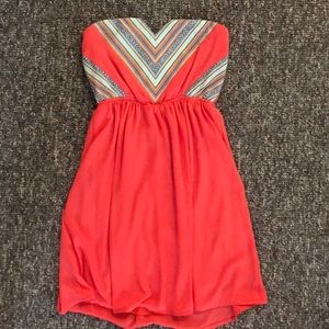 Coral strapless mini dress